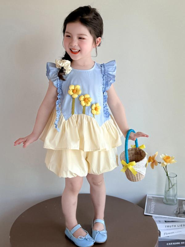 キッズ 女の子 夏 ノースリーブ トップス 長ズボン セットアップ 花柄 薄手 コットン 韓国風 おしゃれ かわいい 柔らか素材 普段使い お出かけ カジュアル