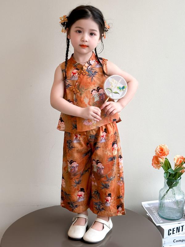 セットアップ 女の子 キッズ 新中華風 美人画プリント ノースリーブ パンツ 薄手 ポリエステル素材 柔らか カジュアル かわいい おしゃれ 夏服