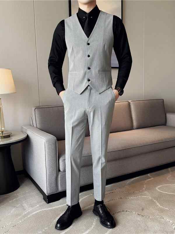 ベスト メンズ 男性用 ビジネス フォーマル スーツ セットアップ 結婚式 新郎 介添人 披露宴 パーティ 礼服 正装 スリムフィット Vネック シングルブレスト ポリエステル アイロン不要 形状記憶 スラックス 2点セット
