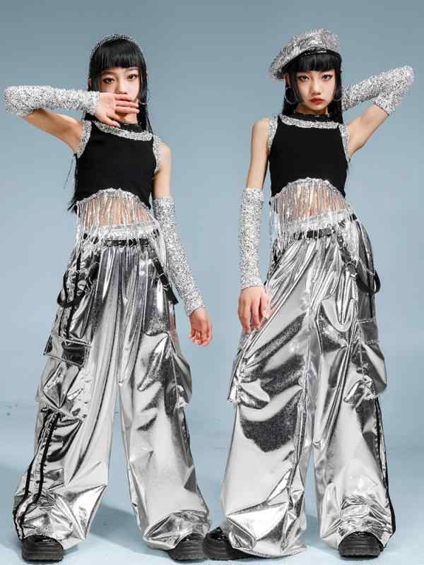 キッズダンス衣装 女の子 ジャズダンス ヒップホップ ノースリーブ ベスト セットアップ ガールズグループ風 K-POP ストリート クール 発表会 練習着 シルバー ロングパンツ 春夏 綿 コットン