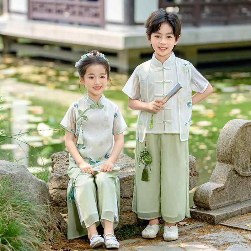 漢服 女児 キッズ ベビー 中国風 古風 セットアップ 2点セット 薄手 接触冷感 綿混紡 ノースリーブ 九分丈パンツ 1歳 誕生日 礼服 発表会 衣装 イベント 記念日 春夏