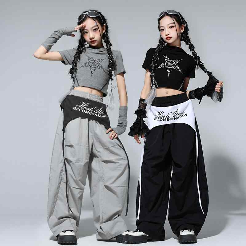ダンスウェア 女の子 子供 キッズ ジュニア ジャズ ストリート ヒップホップ 発表会 ステージ衣装 演出服 ファッションショー クロップド丈トップス ロングパンツ セットアップ グレー 夏物 ポリエステル 再生繊維