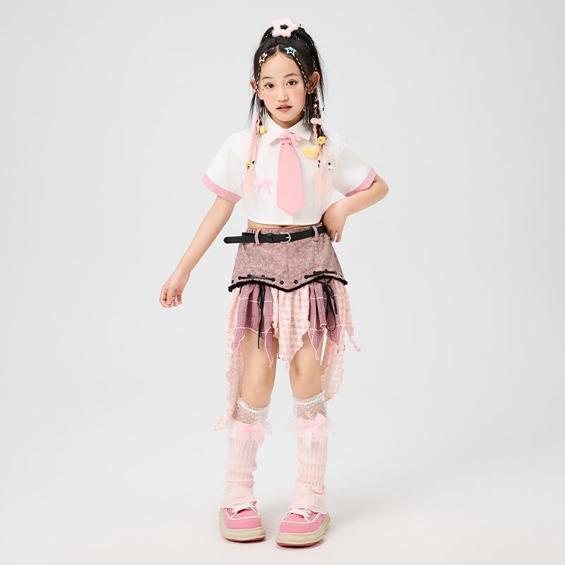 ダンス衣装 キッズ 女の子 ストリート ジャズ ヒップホップ 発表会 舞台 パフォーマンス ステージ ファッションショー セットアップ 白ピンク バイカラー アシンメトリー スカート シャツ ポリエステル