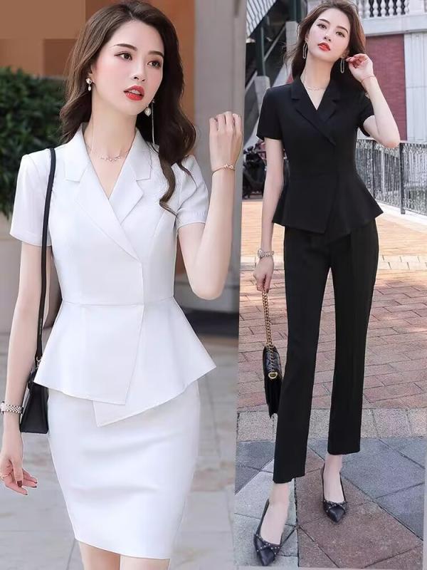スーツ セットアップ レディース 女性用 白 ホワイト 春夏 七分袖 ショート丈スカート オフィス ビジネス 通勤 事務服 制服 受付 接客 美容師 宝飾店 エレガント 上品