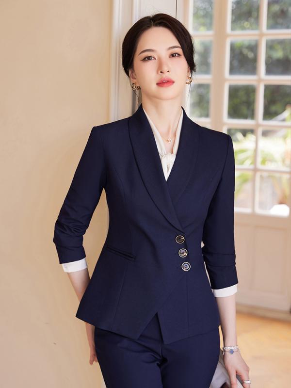 セットアップ レディース 女性用 秋冬 高級感 上品 韓国風 ビジネススーツ ジャケット 面接 オフィス フォーマル 正装 通勤 ホテル 接客 制服 テーラードジャケット ポリエステル レーヨン混 ブラック ブルー ダークグレー