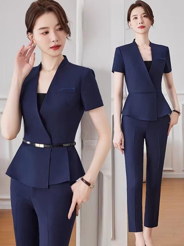 スーツセットアップ レディース 女性用 高級感 半袖 ジャケット スカート ポリエステル ビジネス オフィス 事務服 受付 ホテル 宝飾店 制服 春夏