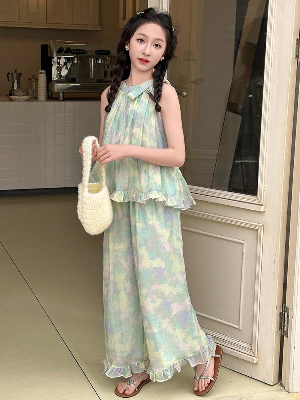 セットアップ 女の子 ジュニア 夏服 ノースリーブ 蝶結び リボン フリル ブラウス トップス 絞り染め 個性的 ユニークデザイン 韓国風 ロングパンツ 2点セット 綿 コットン 柔らかい 薄手 グリーン