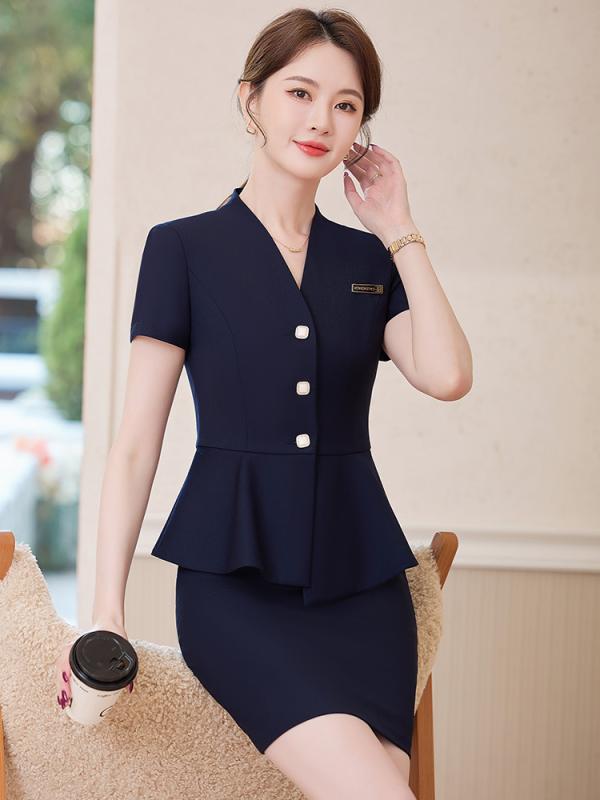 スーツ 女性用 宝飾店 接客 ユニフォーム オフィス 事務服 春夏 薄手 半袖 ジャケット スカート セットアップ 高級感 ビジネス 通勤 ポリエステル ブラック ライトグレー ブルー系