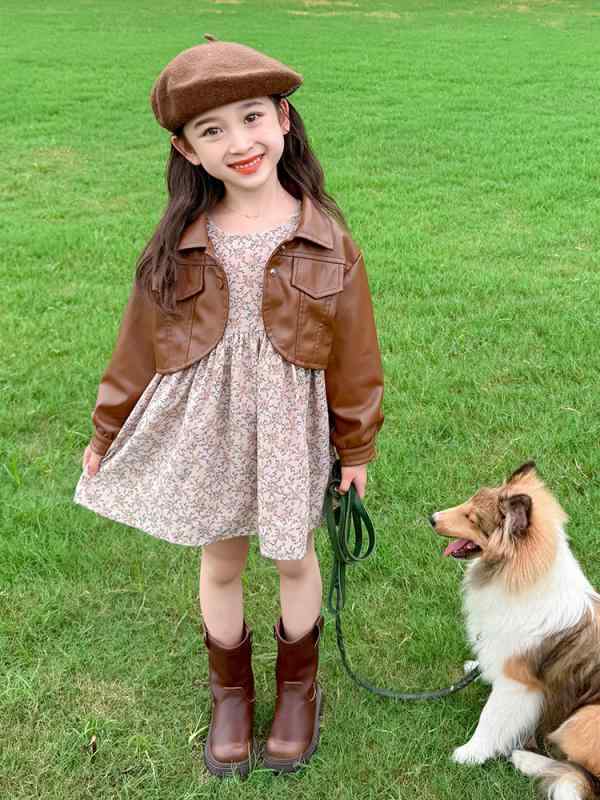 セットアップ キッズ 女の子 女児 韓国子供服 フェイクレザージャケット 花柄ワンピース ツーピース 2点セット 長袖 ブラック 春秋 おしゃれ 普段使い 柔らか素材