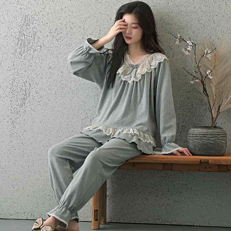 パジャマ ルームウェア レディース 綿 コットン プリンセス風 お姫様風 韓国風 オルチャン 胸パッド付き カップ付き 快適 長袖 長ズボン プルオーバー ラウンドネック セットアップ 4,486円