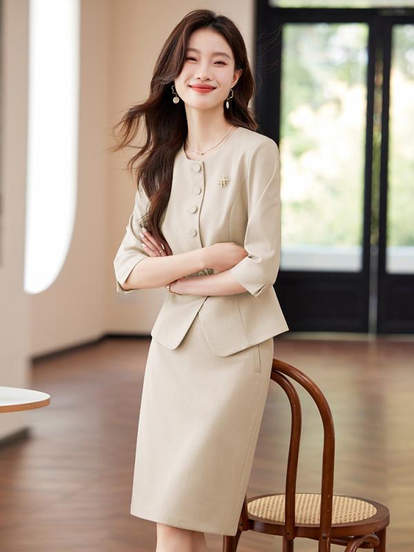スーツ セットアップ レディース 女性用 ビジネス オフィス 通勤 面接 発表会 講演 フォーマル 正装 エレガント 上品 きれいめ 薄手 軽量 七分袖 スカート 春夏 アプリコット ベージュ ポリエステル混紡
