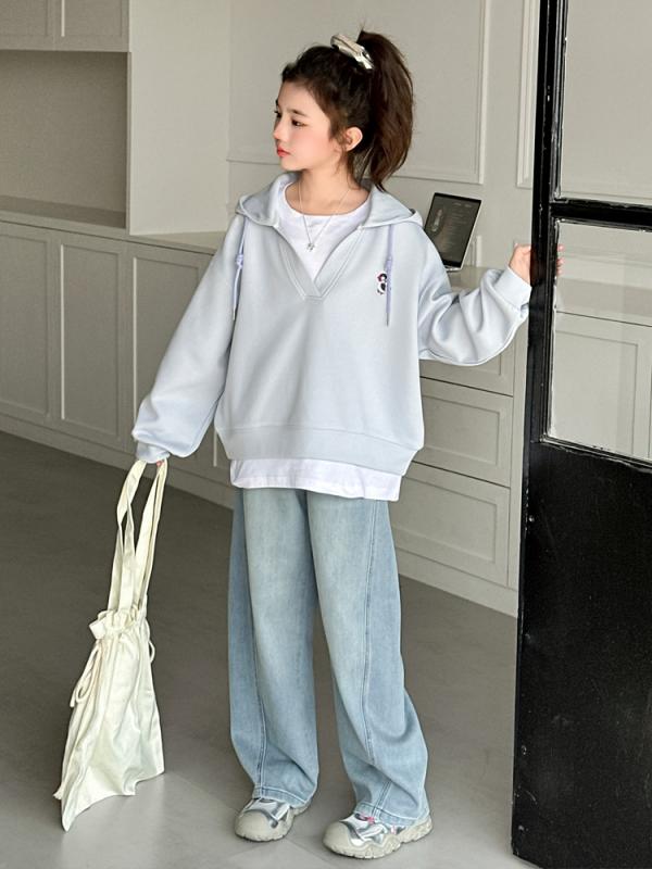 セットアップ ジュニア 女の子 子供服 春秋 フード付き ペンギン柄 スウェット トレーナー 長袖 ストレートパンツ コットン 柔らかい カジュアル 普段使い 通学 お出かけ ゆったり 2点セット プルオーバー