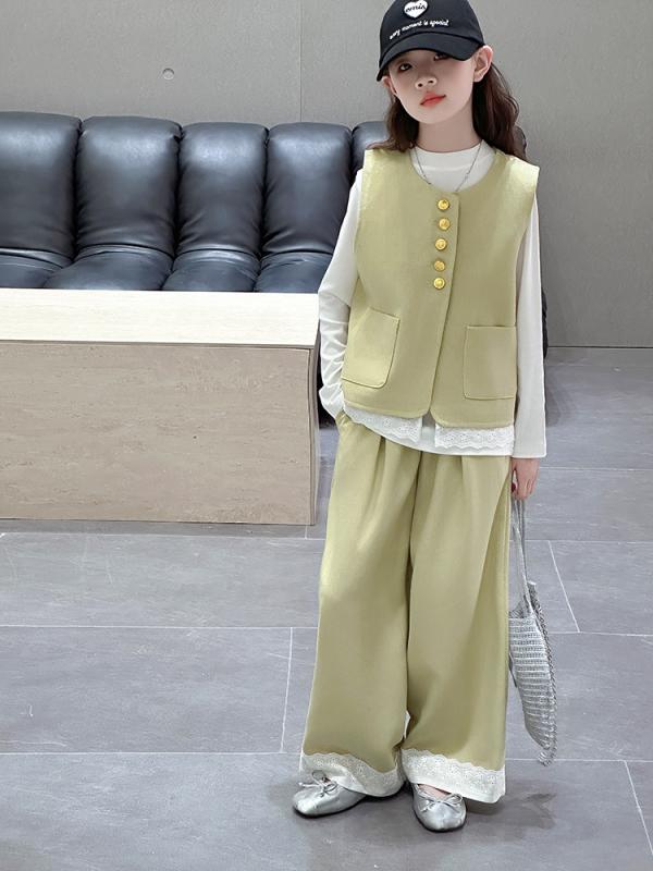 セットアップ キッズ 女の子 ジュニア ベスト ジレ 3点セット 春夏秋 薄手 おしゃれ かわいい 綿 コットン お出かけ 普段着 通学