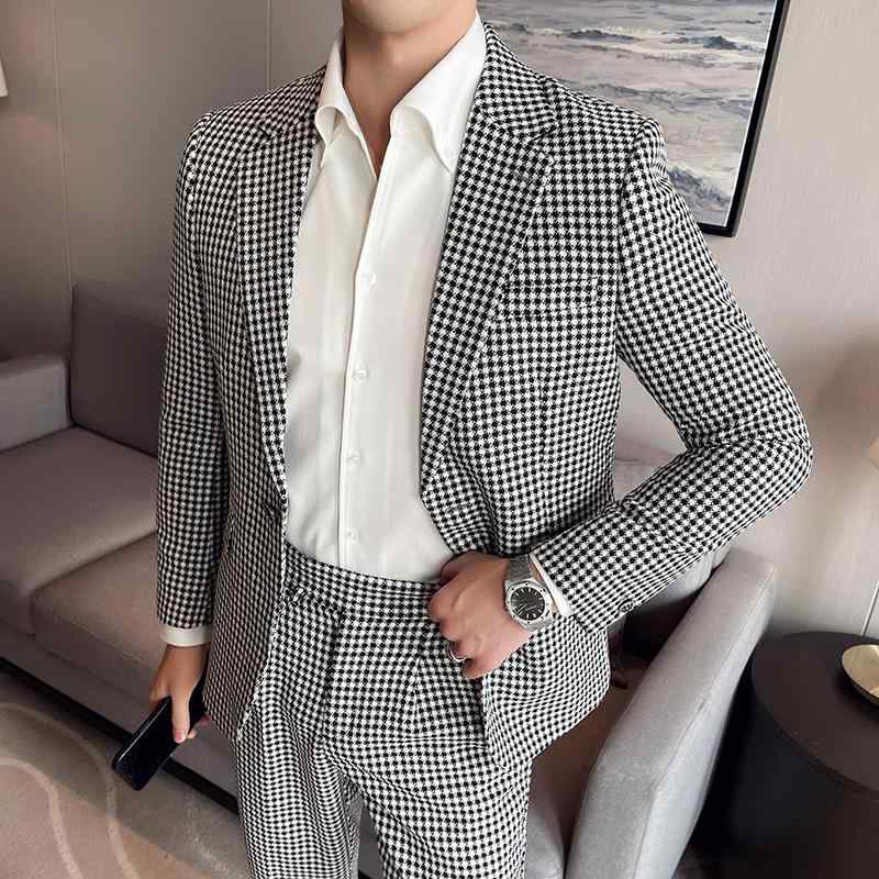 背広 メンズ 成人男性用 チドリ透かし彫り柄 グレン読み合わせる柄 フォーマル 商行為 心地よい ともし火商行為 セットアップ か細い相応う シングル名取り草 1つ名取り草 ノッチドラペル 2点仕かける 上衣 スポーツジャケット ポリエステル混紡 秋冬春 事務所表現スタイル