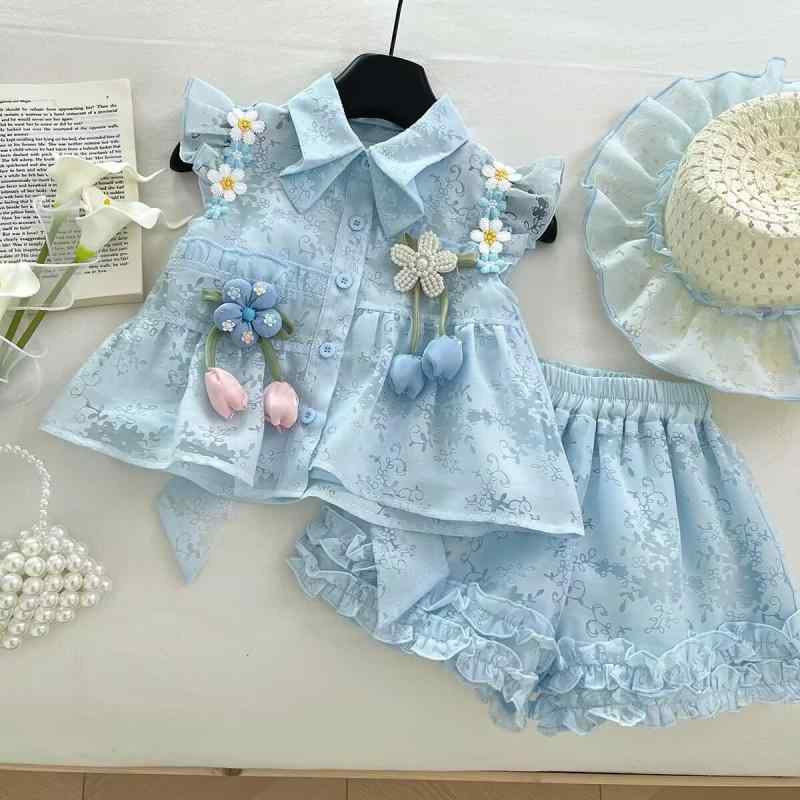 セットアップ 女の子 女児 小学生 夏服 スクール風 韓国ファッション かわいい フリル袖 花柄ブラウス レースショートパンツ プリンセス 薄手 柔らか 普段着 2点セット