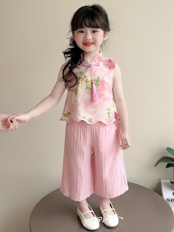 セットアップ 女の子 キッズ ベビー 漢服 中国風 新中華風 ノースリーブ パンツスタイル 2点セット かわいい 夏 薄手 ソフト 涼しい 快適 ポリエステル ピンク 普段着 お出かけ