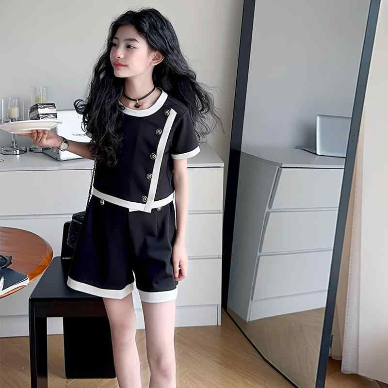 セットアップ 女の子 ジュニア 切り替え アシンメトリー 半袖 Tシャツ ショートパンツ 2点セット 韓国風 コットン 薄手 柔らかい 肌触り良い 夏 お出かけ 普段使い 通学