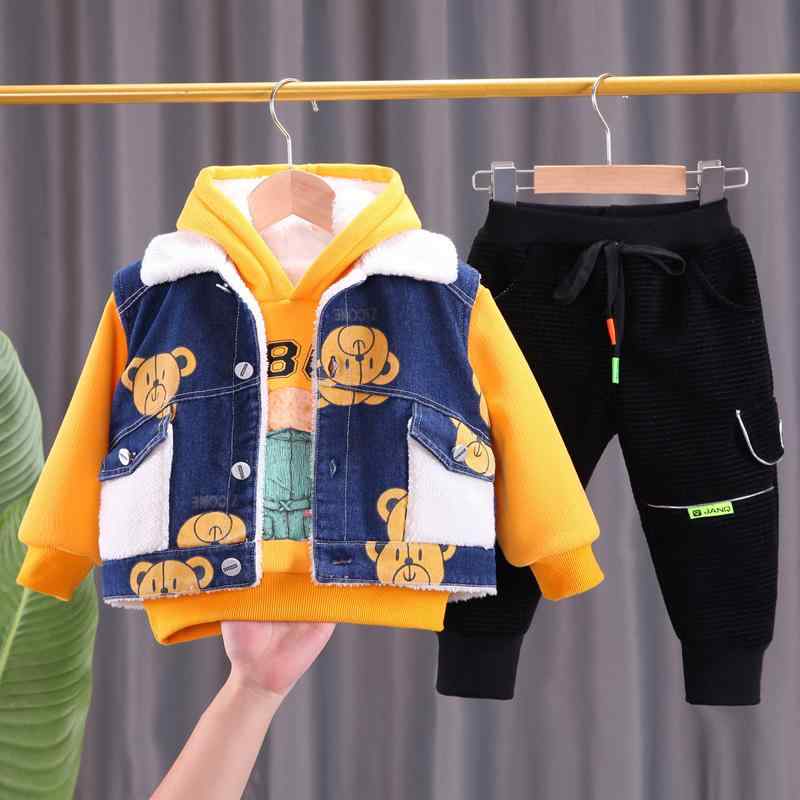 キッズ 男の子 ベビー 冬服 裏起毛 厚手 フード付き スウェット パーカー パンツ 3点セット 綿 コットン カジュアル アニマル柄 キャラクター ロゴプリント