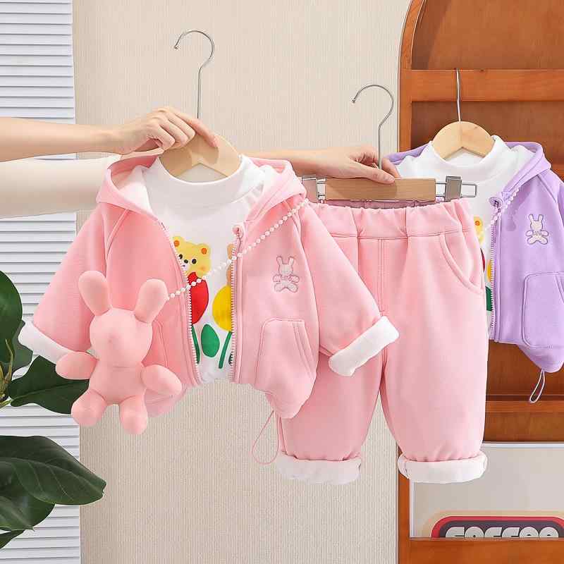 子供服 女の子 ベビー キッズ パンツセット 3点セット 裏起毛 厚手 防寒 暖かい 長袖 フード付き パーカー うさぎ柄 コットン カジュアル 秋冬