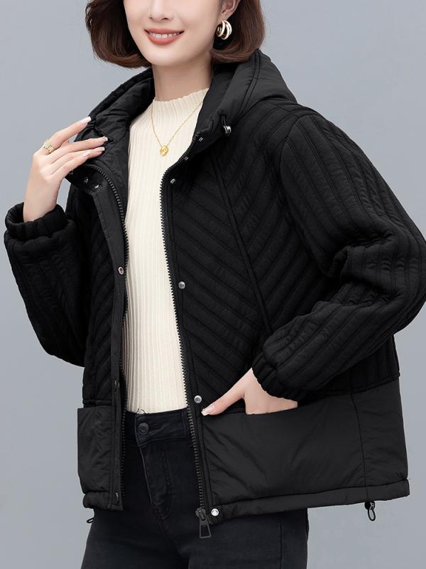 中綿ジャケット レディース 女性用 ショート丈 フード付き ゆったり ビッグシルエット 厚手 防寒 暖かい ポリエステル カジュアル 秋冬 ブラック