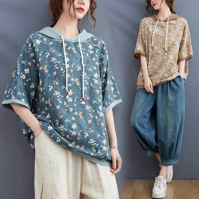Tシャツ レディース 春夏 レトロ 小花柄 半袖 大きいサイズ ビッグサイズ カジュアル ゆったり ルーズフィット 切り替え フード付き 綿混 ブルー カーキ