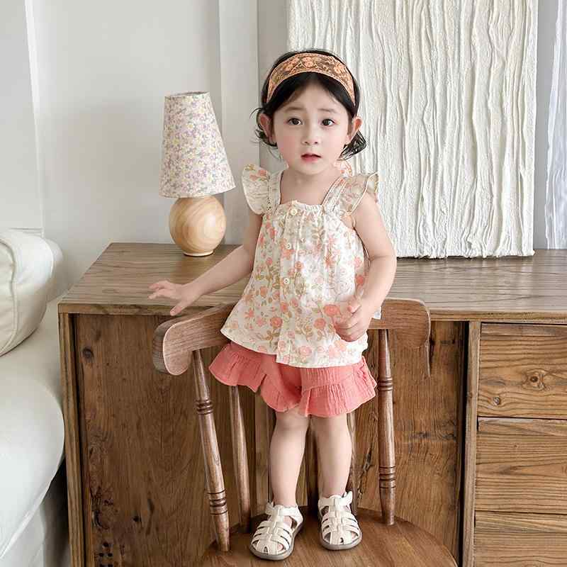 ベビー キッズ 女児 女の子 夏 小花柄 キャミソール ノースリーブ トップス パンツ 2点セット かわいい スイート 韓国風 綿 薄手 オレンジ系 お出かけ 普段使い ルームウェア