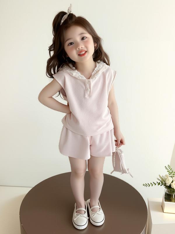 キッズ 女の子 夏物 ノースリーブ タンクトップ ショートパンツ 2点セット 韓国風 無地 綿 柔らか 薄手 カジュアル トレンド 普段着 お出かけ ピンク系