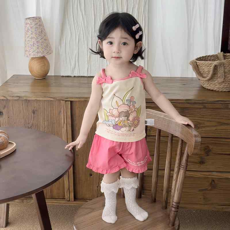 ベビー服 女の子 パンツセット 夏 かわいい リボン キャラクター キャミソール ショートパンツ 2点セット コットン 薄手 韓国風 ピンク パープル イエロー