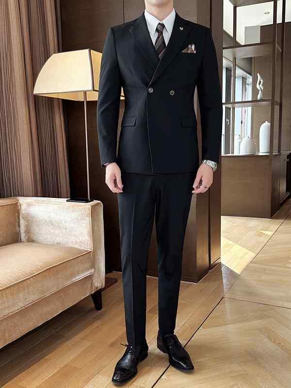スーツ メンズ スリムフィット ダブルブレスト ビジネス フォーマル 冠婚葬祭 セレモニー パーティー 礼服 スリーピース 3点セット 春秋 ポリエステル 形態安定 黒 グレー｜あじゅり 9,472円