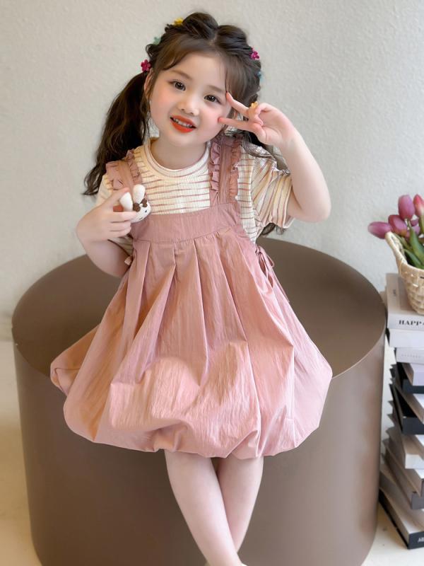 ジャンパースカート 女の子 キッズ ベビー 春夏 サロペットスカート ストライプ 半袖 2点セット 薄手 軽量 ドーパミンカラー かわいい おしゃれ カジュアル 普段使い ポリエステル