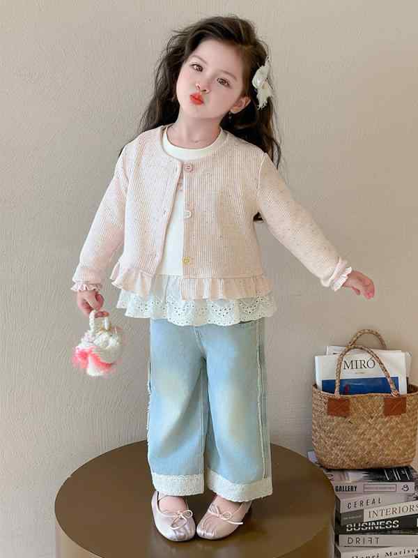 キッズ 女の子 韓国ファッション 春夏 フリル 長袖 トップス カーディガン デニムパンツ 3点セット 綿混 カジュアル お出かけ 普段着