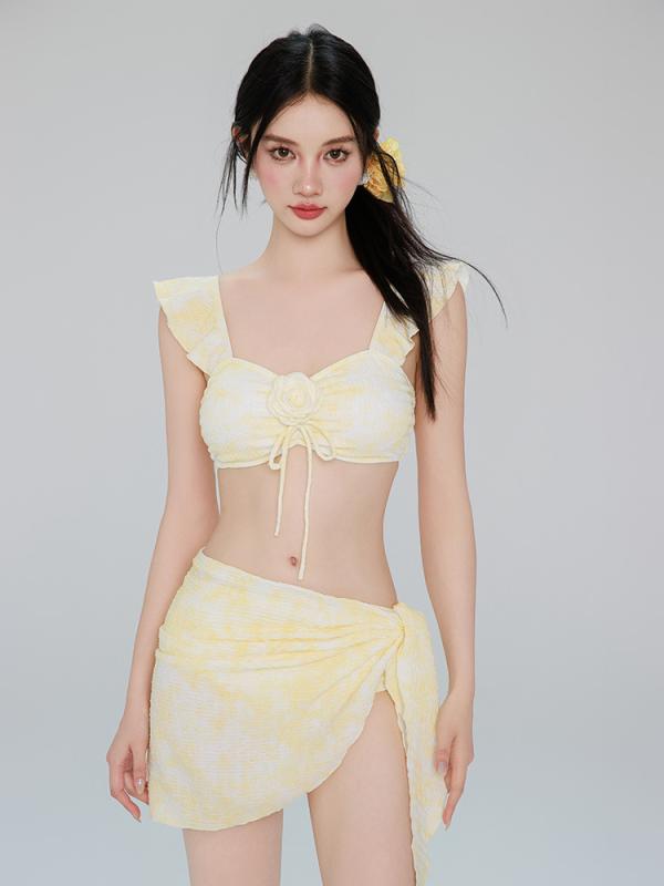 水着 レディース 女性用 ビキニ スイムウェア セパレート 3点セット 高級感 着痩せ効果 セクシー リゾート ビーチ 温泉 プール 旅行 海辺 レジャー 速乾 伸縮性 ポリエステル ナイロン スパンデックス イエロー 春夏