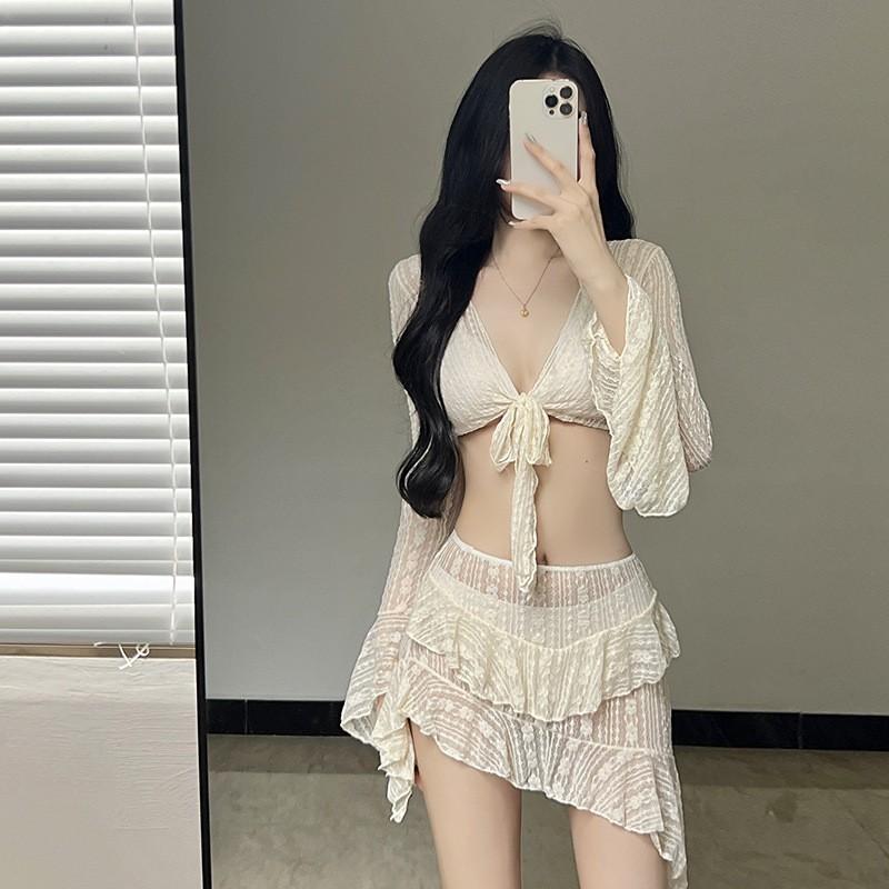 水着 レディース レトロ ビキニ スイムウェア 温泉 プール ビーチ 3点セット 高級感 セクシー 寄せ上げ 小胸 体型カバー ワイヤーなし カップ付き 無地 フェミニン 大人可愛い