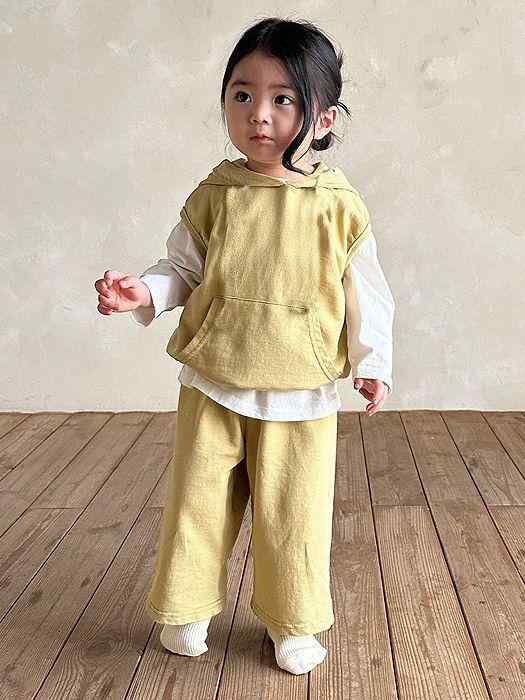 キッズ ベビー 男の子 女の子 男女兼用 スウェット3点セット フードベスト 長袖プルオーバー ストレートパンツ 綿 キャラクター柄 カジュアル 韓国風 普段着 秋冬 ジンジャーイエロー ベージュ系