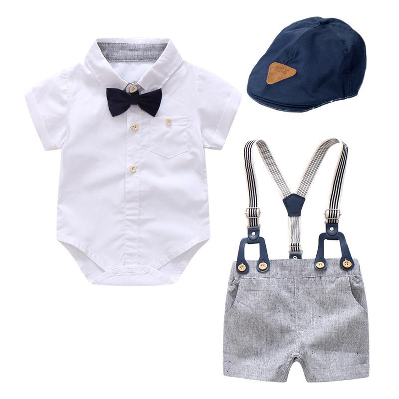 ロンパース 男の子 ベビー 男児 乳幼児 紳士風 フォーマル 欧米風 上品 綿 コットン 半袖 シングルボタン 前開き 夏 ホワイト キャップ お出かけ着セット