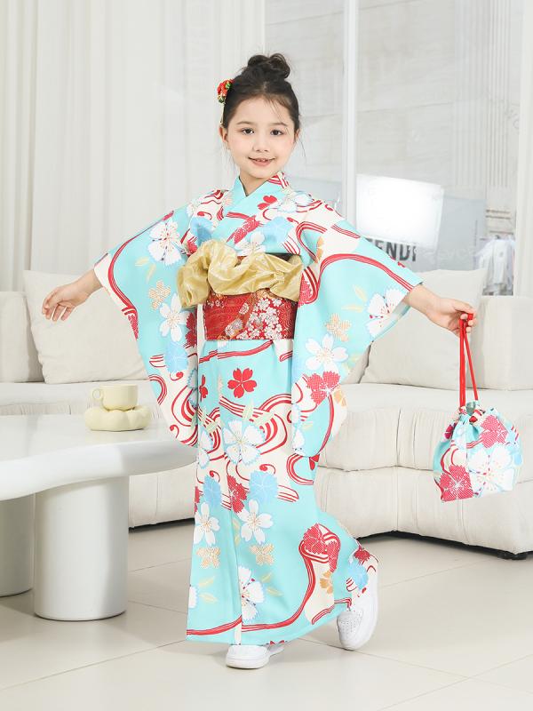 着物 キッズ 女の子 子供用 女児 ブルー 振袖 和装 晴れ着 発表会 舞台 衣装 フォーマル イベント 華やか ポリエステル 花柄 リボン セット
