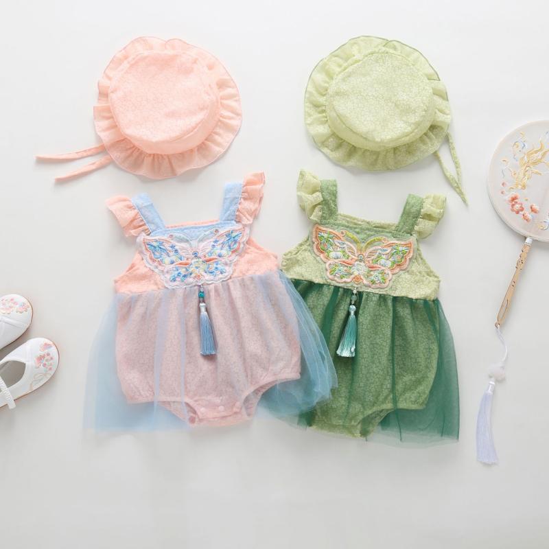 ロンパース ベビー 女の子 新生児 お祝い お宮参り 初節句 お正月 中華風 漢服風 半袖 綿 ピンク グリーン 春夏