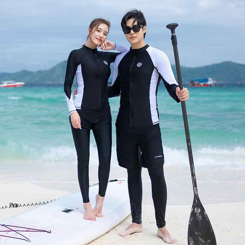 水着 カップル 男女兼用 長袖 ロングパンツ ウェットスーツ バイカラー 切り替え 体型カバー 細見え おしゃれ スタイリッシュ スイムウェア ビーチ プール マリンスポーツ カップ付き ノンワイヤー
