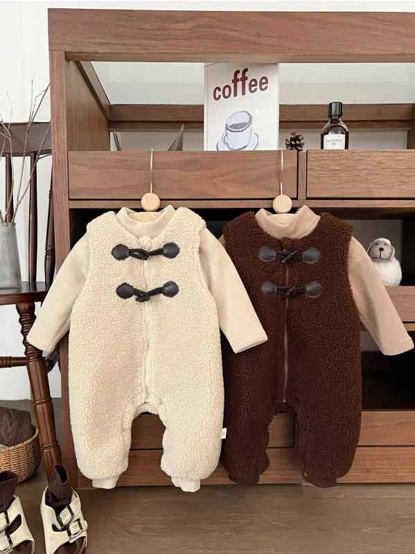 ベビーウェア 男女兼用 男の子 女の子 秋冬 ボア フリース もこもこ 厚手 暖かい サロペットロンパース ベスト 韓国風 かわいい 普段着