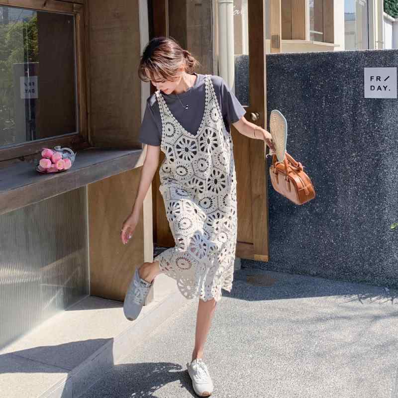 ワンピース レディース レイヤード レース シアー キャミソール Tシャツ 半袖 クルーネック Aライン ミモレ丈 ポリエステル 上品 クラシック フェミニン グレー ブラック 春夏