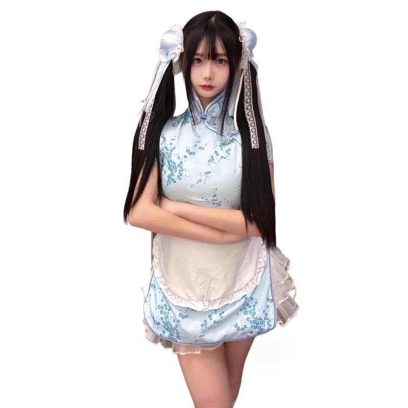ワンピース レディース チャイナ娘 チャイナドレス コスプレ モダンチャイナ アレンジ かわいい スイート メイド ロリータ エプロン 3点 ミディ丈 パフスリーブ 七分袖 TR素材 レトロスタイル ブルー ピンク ブラック