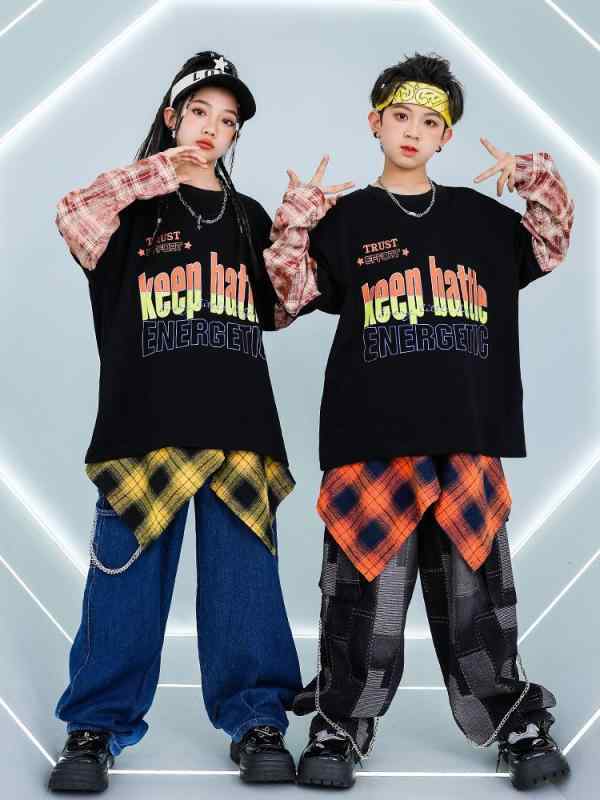 キッズダンス衣装 男の子 女の子 男女兼用 ユニセックス HIPHOP ストリート系 クール おしゃれ フェイクツーピース チェック柄 スウェット 発表会 ステージ衣装 ドラム 練習着 秋 ポリエステル
