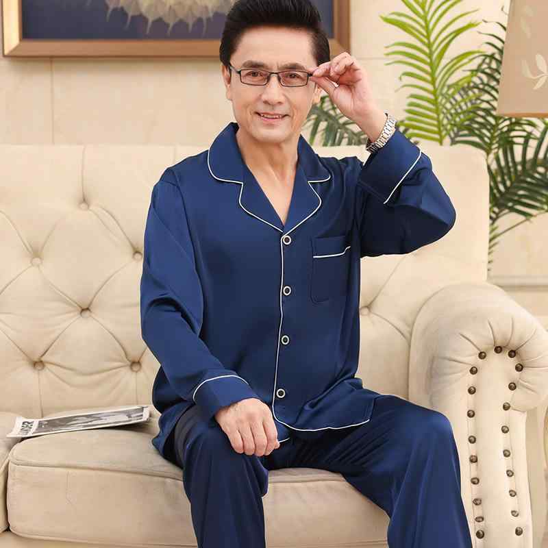 パジャマ メンズ シニア 男性用 中高年 春夏秋 接触冷感 再生繊維 ポリエステル 長袖 薄手 開襟 ルームウェア 部屋着 寝巻き