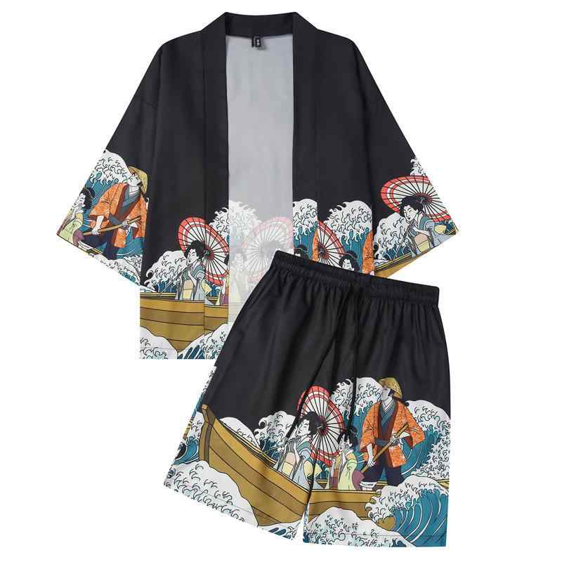 羽織 メンズ 和風 レトロ 浮世絵 波柄 七分袖 ゆったり ルーズフィット 開襟カーディガン 漢服風 道袍 カジュアル ペアルック ポリエステル 春夏