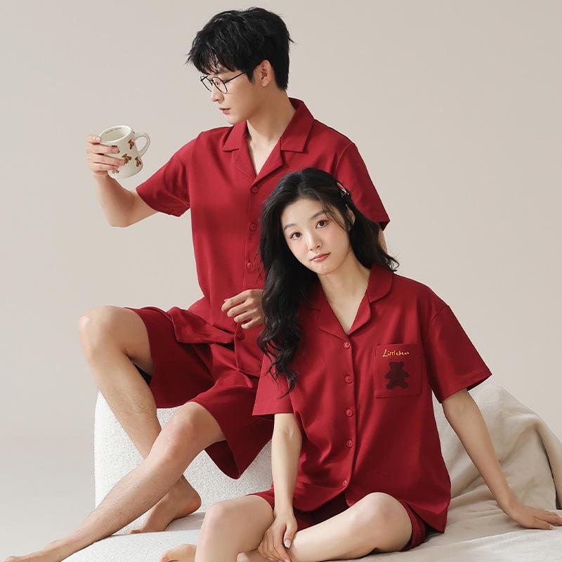 パジャマ カップル 新婚 結婚祝い 夏用 純綿 コットン 通気性 涼しい 快適 ストレッチ 開襟 半袖 薄手 赤色 ルームウェア 部屋着 縁起物
