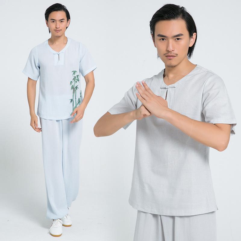 太極服 メンズ 男性用 手描き 麻 リネン 武術 武道 練習着 カンフー服 漢服 中国伝統衣装 ボタン襟 ボタンネック セットアップ ゆったり 普段使い カジュアル 快適 通気性