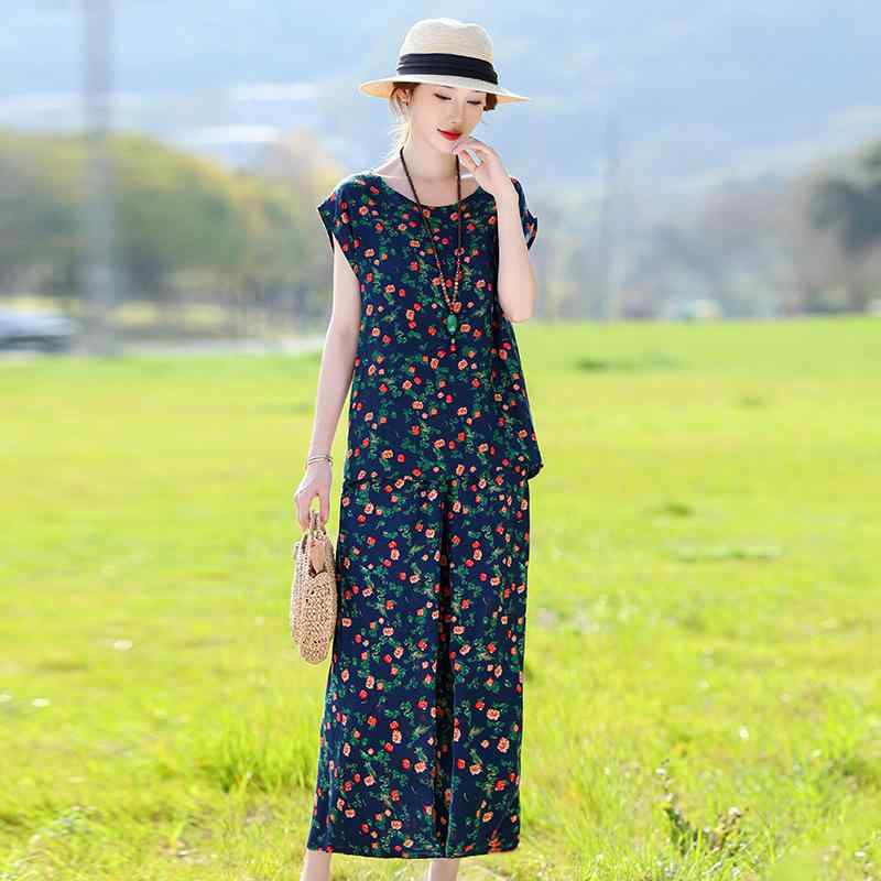 セットアップ ミセス 半袖Tシャツ パンツ 夏 カジュアル リラックス おしゃれ 上品 薄手 軽量 涼しい 2点セット ツーピース 七分丈 クロップド 花柄 鳥柄 ポケット 綿麻 コットンリネン レーヨン ビスコース ポリエステル