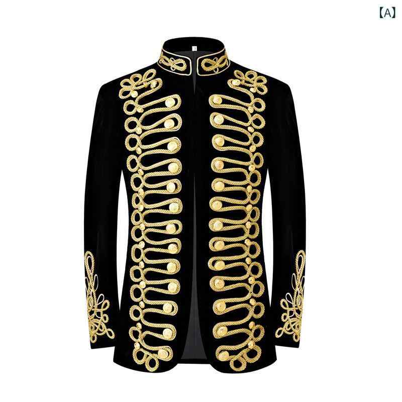 ジャケット メンズ 春秋 貴族風 ヨーロッパ 宮廷風 レトロ 軍服 ベロア 刺繍 金糸 上着 舞台衣装 コスプレ ステージ衣装 演出服｜あじゅり