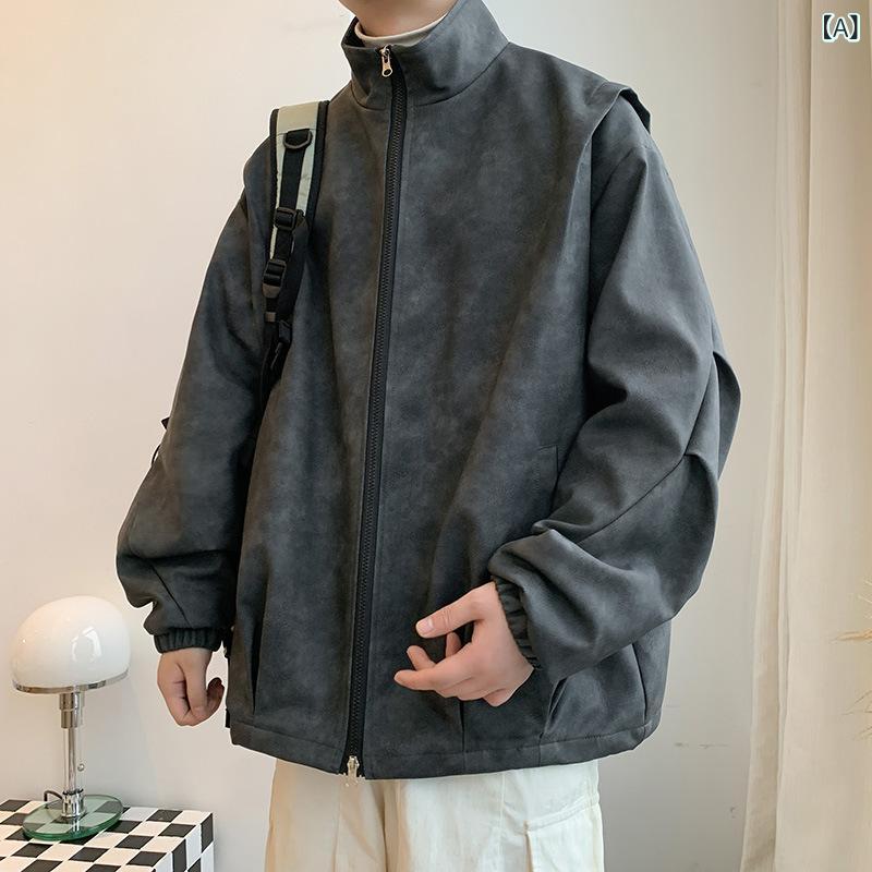 ジャケット メンズ 秋用 PUレザー ブルゾン アウター ゆったり スタンドカラー ジップアップ 無地 撥水 防風 カジュアル ライトアウター｜あじゅり