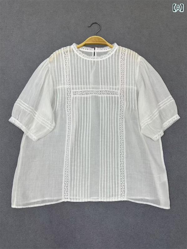 シャツ レディース 半袖 春夏 レース 切り替え シフォン 港風 レトロ フレンチスリーブ ゆったり ゆったり 体型カバー 上品 カジュアル トップス プルオーバー｜あじゅり